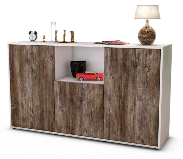 Sideboard Demetria | Korpus Weiß | Front in Treibholz Holz Optik | 136x79x35cm (BxHxT)