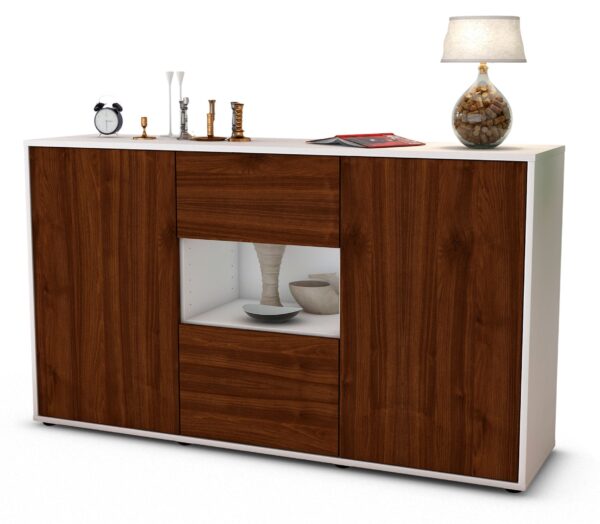 Sideboard Denise | Korpus Weiß | Front in Walnuss Holz Optik | 136x79x35cm (BxHxT)