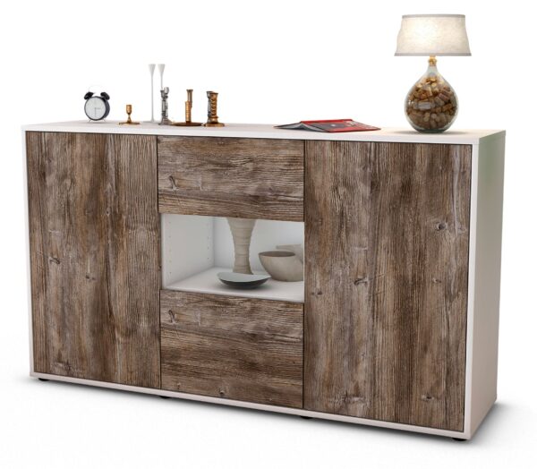 Sideboard Denise | Korpus Weiß | Front in Treibholz Holz Optik | 136x79x35cm (BxHxT)