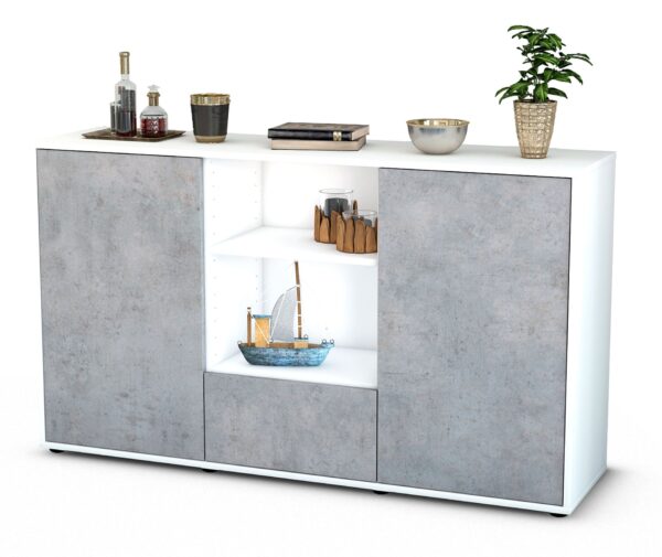Sideboard Desideria | Korpus Weiß | Front in Beton Optik | 136x79x35cm (BxHxT)