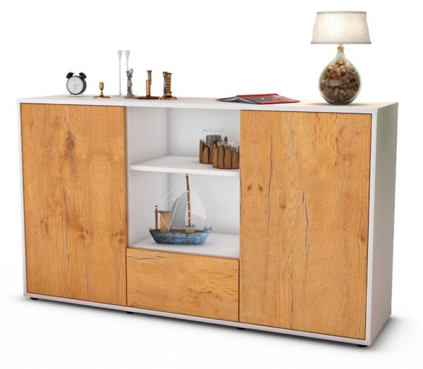 Sideboard Desideria | Korpus Weiß | Front in Eiche Holz Optik | 136x79x35cm (BxHxT)