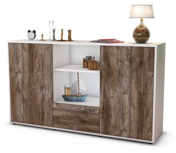 Sideboard Desideria | Korpus Weiß | Front in Treibholz Holz Optik | 136x79x35cm (BxHxT)