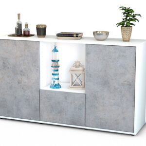 Sideboard Dhonna | Korpus Weiß | Front in Beton Optik | 136x79x35cm (BxHxT)