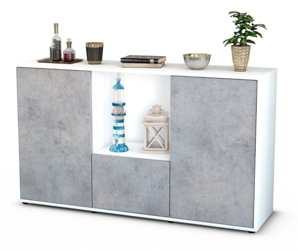 Sideboard Dhonna | Korpus Weiß | Front in Beton Optik | 136x79x35cm (BxHxT)
