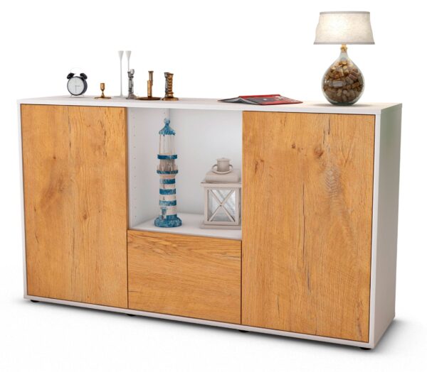 Sideboard Dhonna | Korpus Weiß | Front in Eiche Holz Optik | 136x79x35cm (BxHxT)