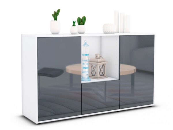 Sideboard Dhonna | Korpus Weiß | Front in Hochglanz Grau | 136x79x35cm (BxHxT)