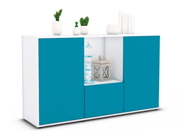 Sideboard Dhonna | Korpus Weiß | Front in Türkis | 136x79x35cm (BxHxT)