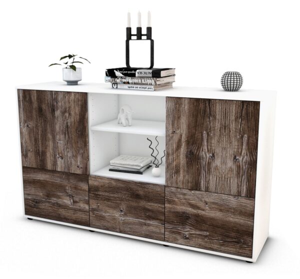 Sideboard Diellza | Korpus Weiß | Front in Treibholz Holz Optik | 136x79x35cm (BxHxT)