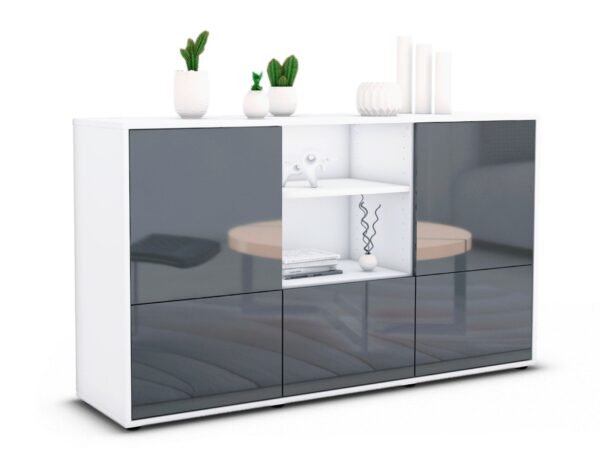 Sideboard Diellza | Korpus Weiß | Front in Hochglanz Grau | 136x79x35cm (BxHxT)