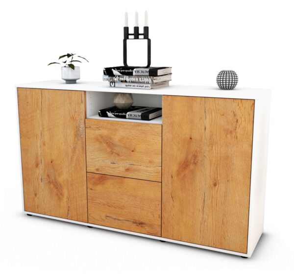 Sideboard Dimphi | Korpus Weiß | Front in Eiche Holz Optik | 136x79x35cm (BxHxT)