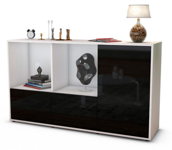 Sideboard Dolcia | Korpus Weiß | Front in Hochglanz Schwarz | 136x79x35cm (BxHxT)