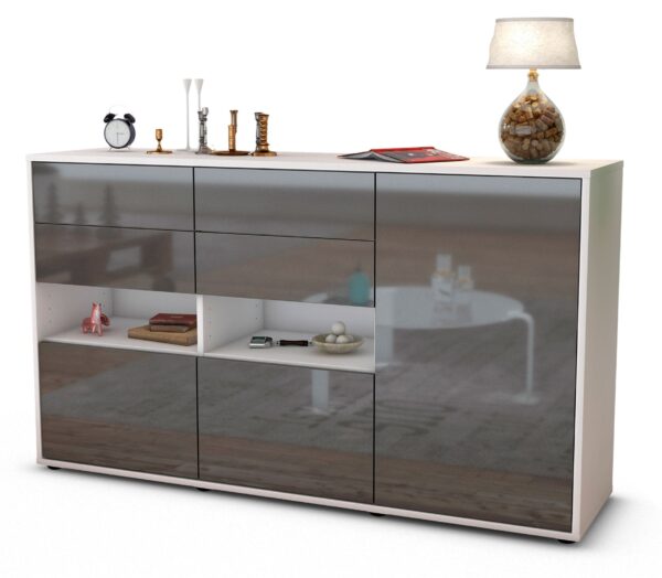 Sideboard Domi | Korpus Weiß | Front in Hochglanz Grau | 136x79x35cm (BxHxT)