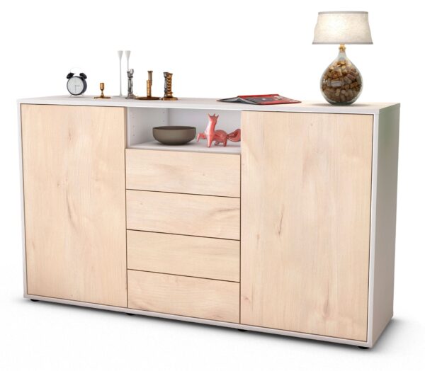 Sideboard Donnice | Korpus Weiß | Front in Zeder Holz Optik | 136x79x35cm (BxHxT)