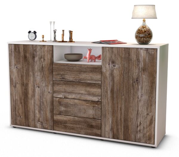 Sideboard Donnice | Korpus Weiß | Front in Treibholz Holz Optik | 136x79x35cm (BxHxT)