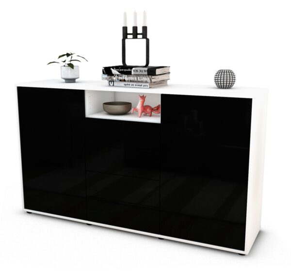Sideboard Donnice | Korpus Weiß | Front in Hochglanz Schwarz | 136x79x35cm (BxHxT)