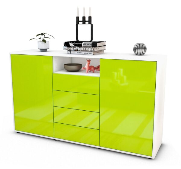 Sideboard Donnice | Korpus Weiß | Front in Hochglanz Grün | 136x79x35cm (BxHxT)