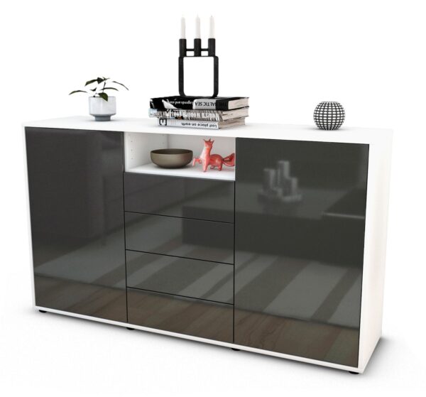 Sideboard Donnice | Korpus Weiß | Front in Hochglanz Grau | 136x79x35cm (BxHxT)