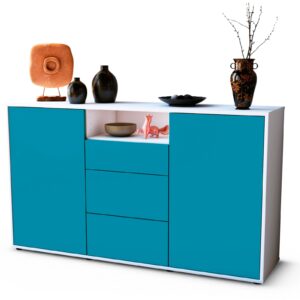 Sideboard Donnice | Korpus Weiß | Front in Türkis | 136x79x35cm (BxHxT)
