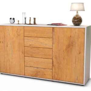 Sideboard Dorelly | Korpus Weiß | Front in Eiche Holz Optik | 136x79x35cm (BxHxT)