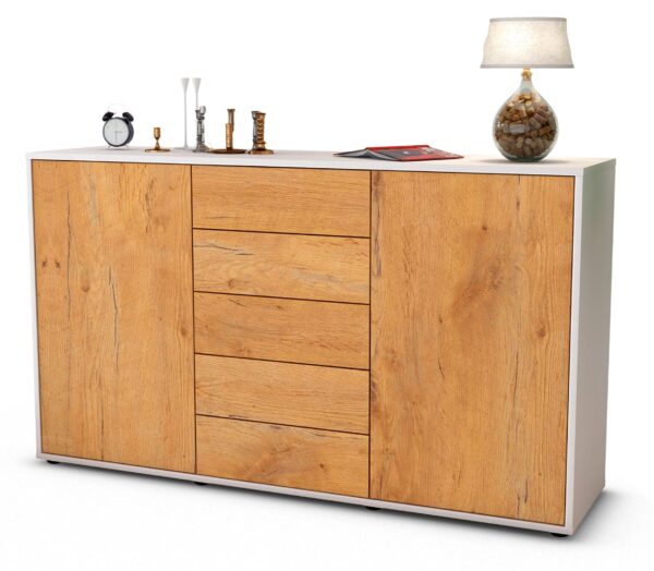 Sideboard Dorelly | Korpus Weiß | Front in Eiche Holz Optik | 136x79x35cm (BxHxT)