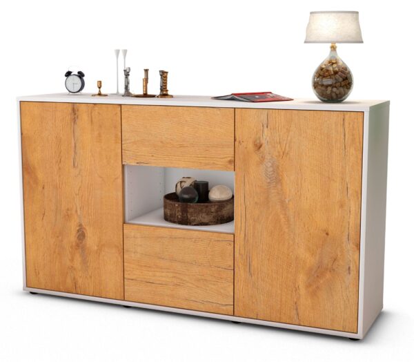 Sideboard Doriana | Korpus Weiß | Front in Eiche Holz Optik | 136x79x35cm (BxHxT)