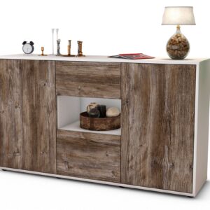 Sideboard Doriana | Korpus Weiß | Front in Treibholz Holz Optik | 136x79x35cm (BxHxT)