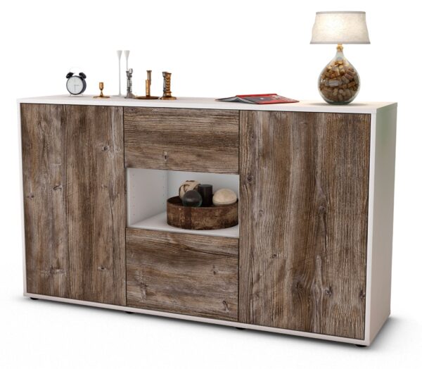 Sideboard Doriana | Korpus Weiß | Front in Treibholz Holz Optik | 136x79x35cm (BxHxT)