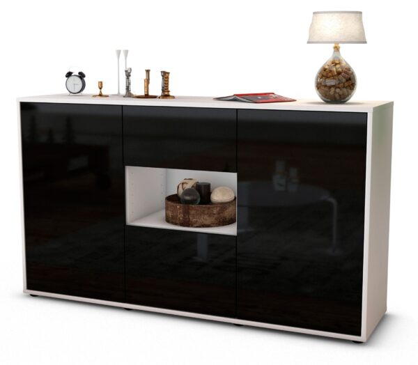Sideboard Doriana | Korpus Weiß | Front in Hochglanz Schwarz | 136x79x35cm (BxHxT)