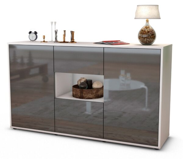 Sideboard Doriana | Korpus Weiß | Front in Hochglanz Grau | 136x79x35cm (BxHxT)