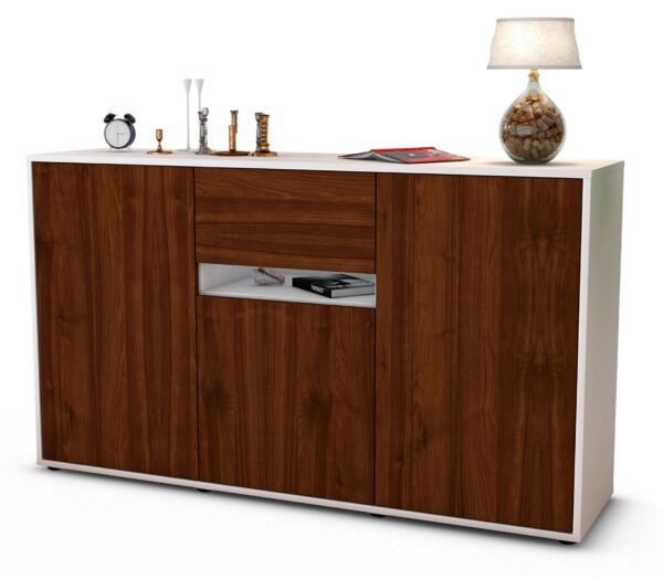 Sideboard Dorina | Korpus Weiß | Front in Walnuss Holz Optik | 136x79x35cm (BxHxT)