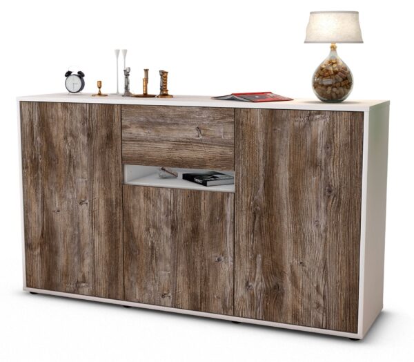 Sideboard Dorina | Korpus Weiß | Front in Treibholz Holz Optik | 136x79x35cm (BxHxT)