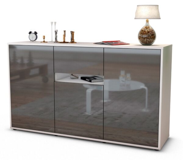 Sideboard Dorina | Korpus Weiß | Front in Hochglanz Grau | 136x79x35cm (BxHxT)