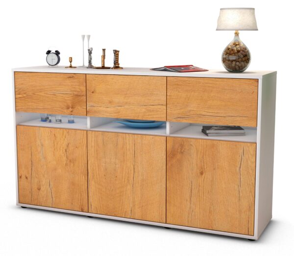 Sideboard Dorinde | Korpus Weiß | Front in Eiche Holz Optik | 136x79x35cm (BxHxT)