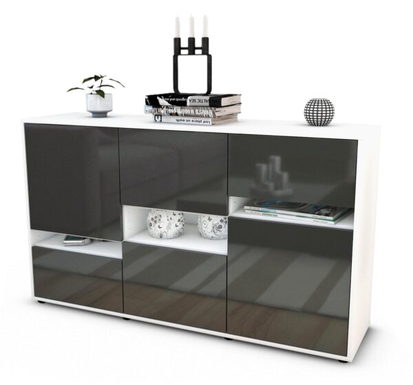 Sideboard Egizia | Korpus Weiß | Front in Hochglanz Grau | 136x79x35cm (BxHxT)