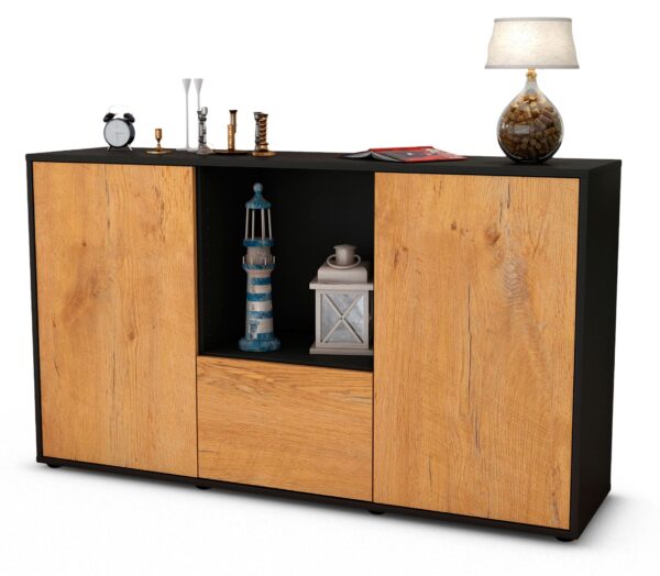 Sideboard Dhonna | Korpus Anthrazit | Front in Eiche Holz Optik | 136x79x35cm (BxHxT)