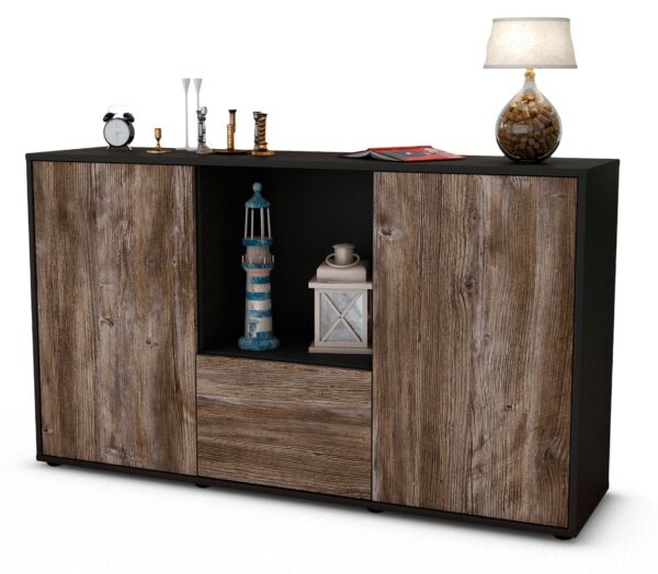 Sideboard Dhonna | Korpus Anthrazit | Front in Treibholz Holz Optik | 136x79x35cm (BxHxT)