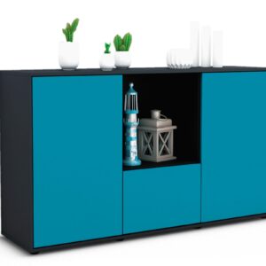 Sideboard Dhonna | Korpus Anthrazit | Front in Türkis | 136x79x35cm (BxHxT)