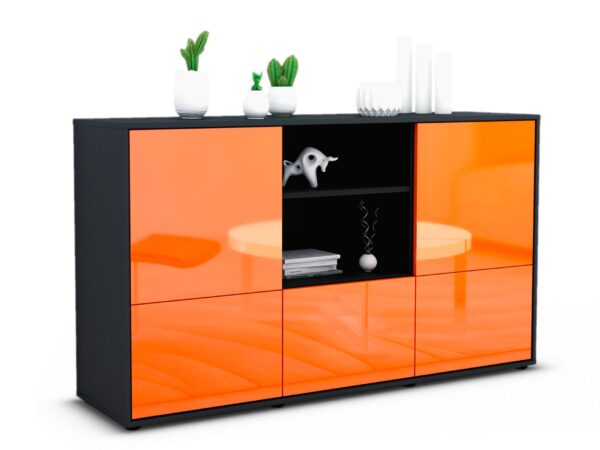 Sideboard Diellza | Korpus Anthrazit | Front in Hochglanz Orange | 136x79x35cm (BxHxT)