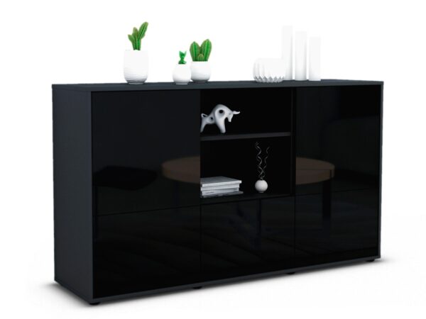 Sideboard Diellza | Korpus Anthrazit | Front in Hochglanz Schwarz | 136x79x35cm (BxHxT)