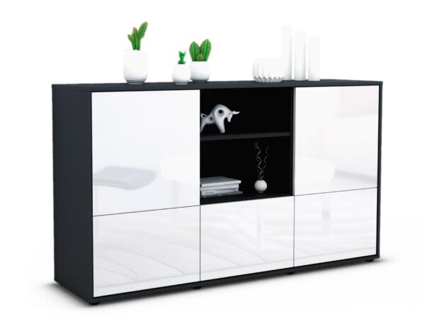Sideboard Diellza | Korpus Anthrazit | Front in Hochglanz Weiß | 136x79x35cm (BxHxT)