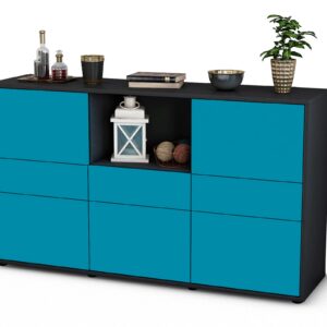 Sideboard Dominika | Korpus Anthrazit | Front in Türkis | 136x79x35cm (BxHxT)