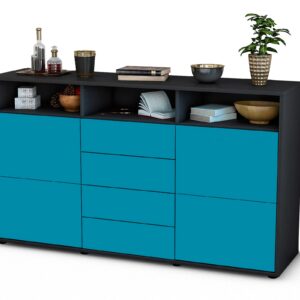 Sideboard Donabella | Korpus Anthrazit | Front in Türkis | 136x79x35cm (BxHxT)