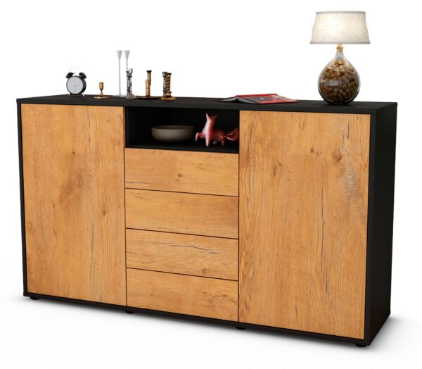 Sideboard Donnice | Korpus Anthrazit | Front in Eiche Holz Optik | 136x79x35cm (BxHxT)