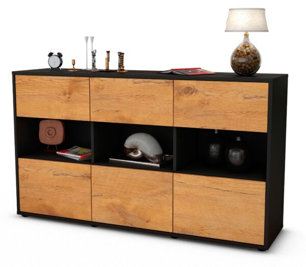 Sideboard Dorett | Korpus Anthrazit | Front in Eiche Holz Optik | 136x79x35cm (BxHxT)