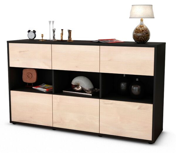 Sideboard Dorett | Korpus Anthrazit | Front in Zeder Holz Optik | 136x79x35cm (BxHxT)