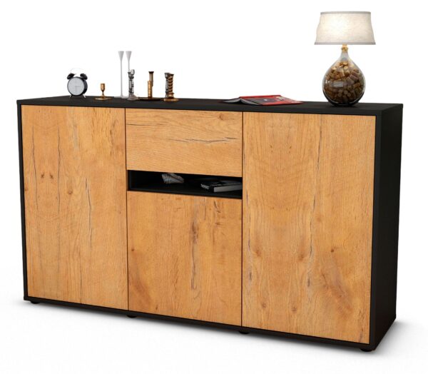 Sideboard Dorina | Korpus Anthrazit | Front in Eiche Holz Optik | 136x79x35cm (BxHxT)
