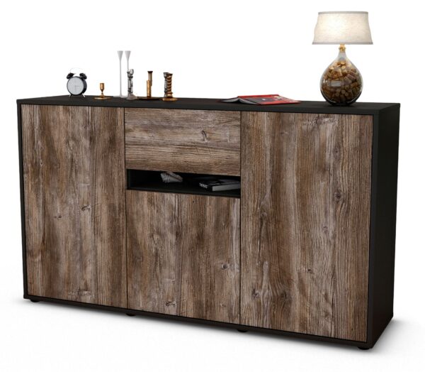 Sideboard Dorina | Korpus Anthrazit | Front in Treibholz Holz Optik | 136x79x35cm (BxHxT)