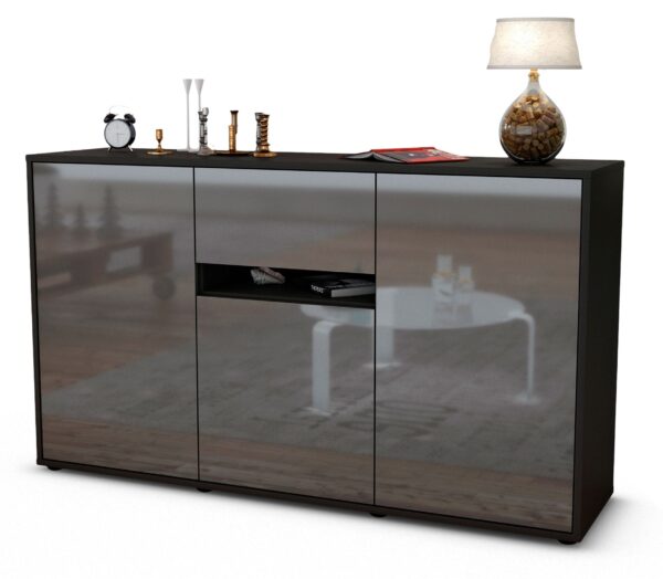 Sideboard Dorina | Korpus Anthrazit | Front in Hochglanz Grau | 136x79x35cm (BxHxT)