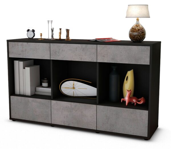 Sideboard Efisia | Korpus Anthrazit | Front in Beton Optik | 136x79x35cm (BxHxT)