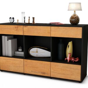 Sideboard Efisia | Korpus Anthrazit | Front in Eiche Holz Optik | 136x79x35cm (BxHxT)